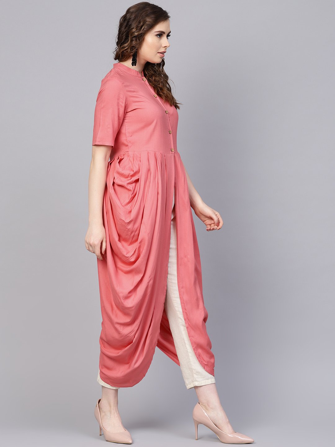 Pink Rayon Half Sleeves Cowl Kurta With Front Placket & Madarin Collar | LASVINI - Redefining Indian Fashion with Elegance