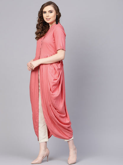 Pink Rayon Half Sleeves Cowl Kurta With Front Placket & Madarin Collar | LASVINI - Redefining Indian Fashion with Elegance