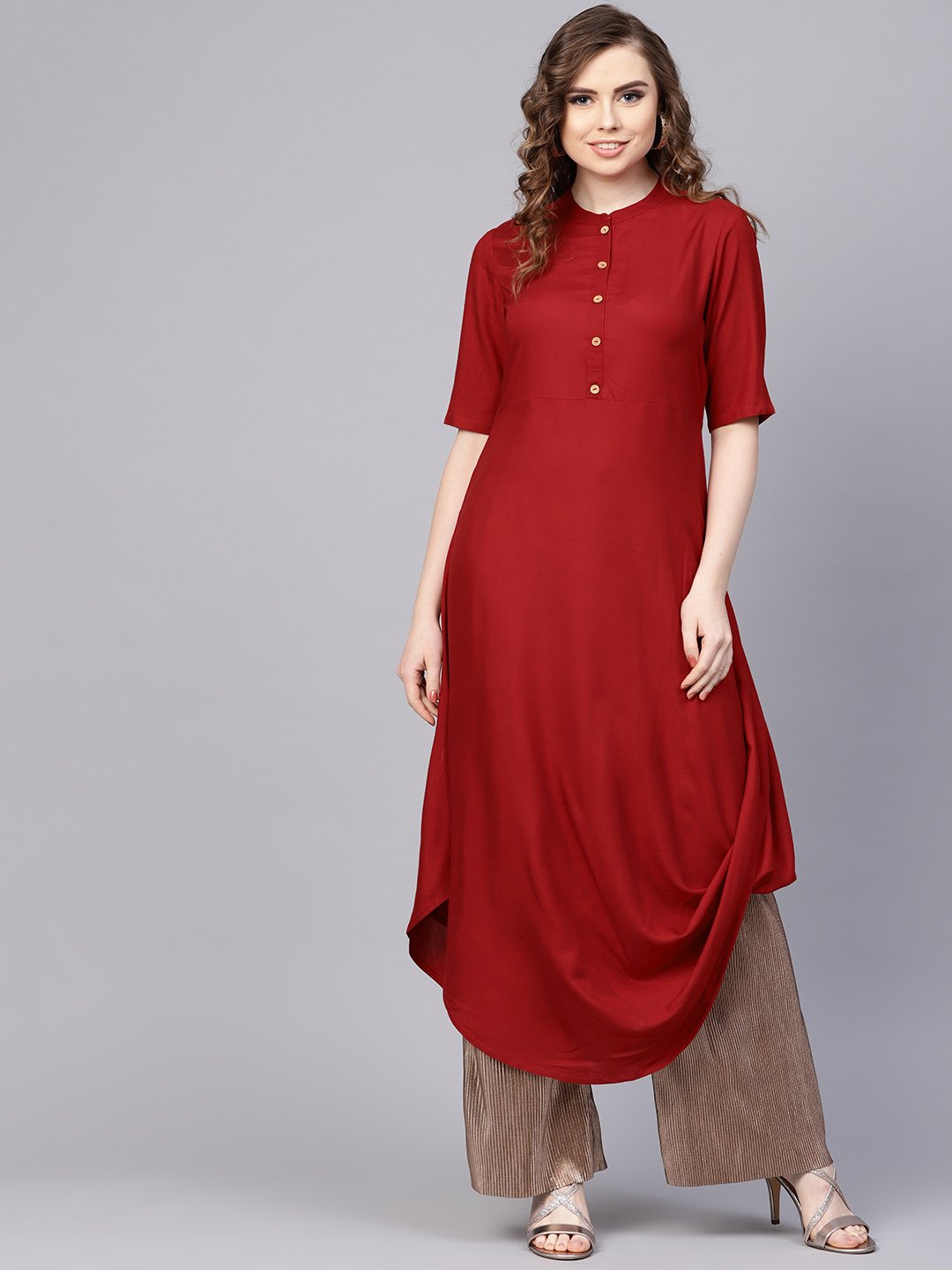 Rayon Half Sleeves Maroon Cowl Kurta With Front Placket & Madarin Collar | LASVINI - Redefining Indian Fashion with Elegance