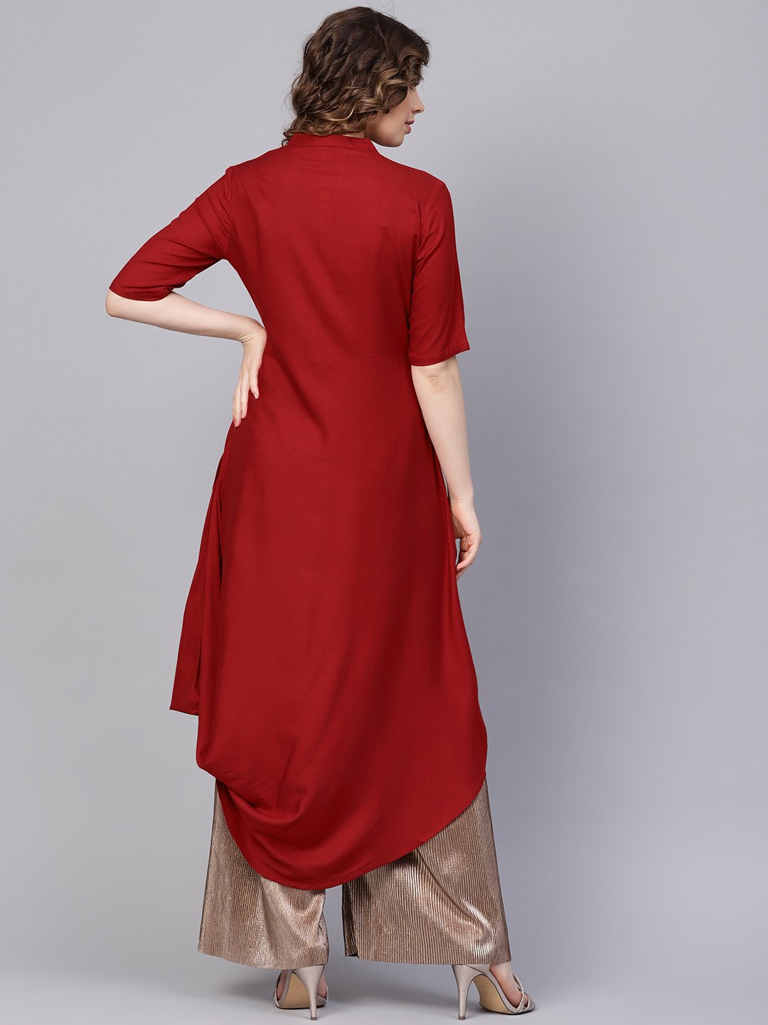 Rayon Half Sleeves Maroon Cowl Kurta With Front Placket & Madarin Collar | LASVINI - Redefining Indian Fashion with Elegance