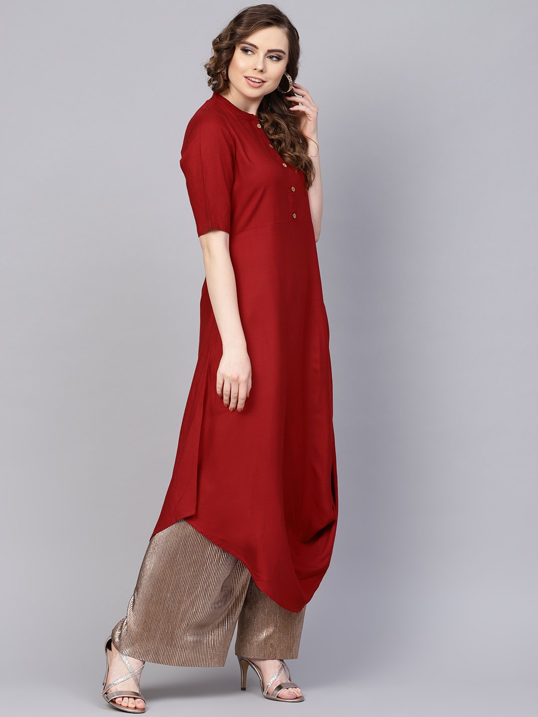 Rayon Half Sleeves Maroon Cowl Kurta With Front Placket & Madarin Collar | LASVINI - Redefining Indian Fashion with Elegance