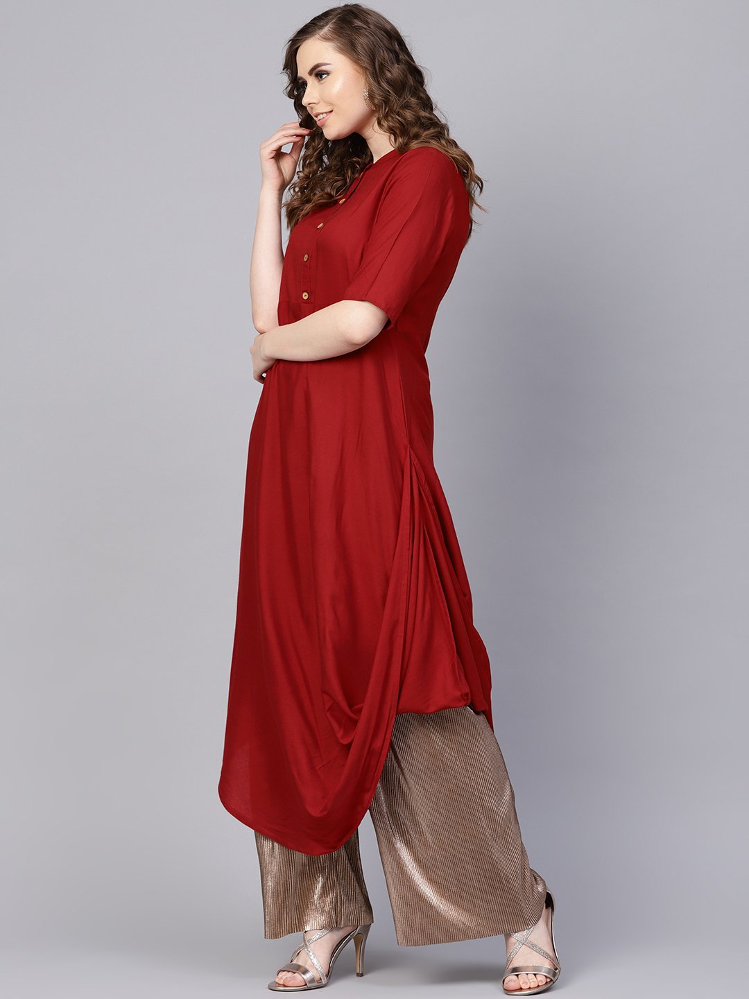 Rayon Half Sleeves Maroon Cowl Kurta With Front Placket & Madarin Collar | LASVINI - Redefining Indian Fashion with Elegance