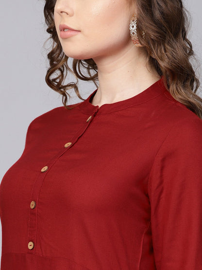 Rayon Half Sleeves Maroon Cowl Kurta With Front Placket & Madarin Collar | LASVINI - Redefining Indian Fashion with Elegance