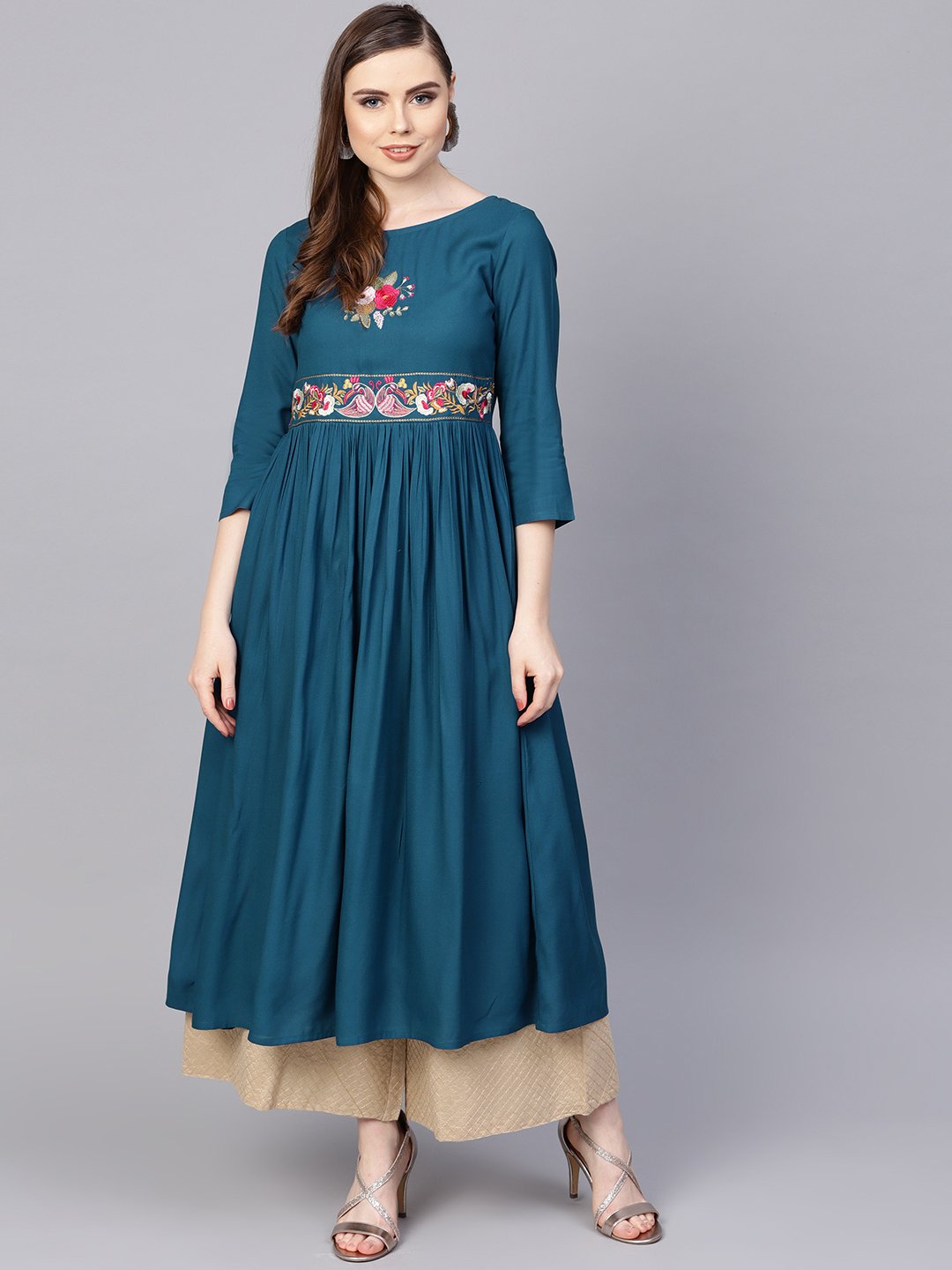 Rayon Teal Blue Embroidered Kurta With Round Neck & 3/4 Sleeves | LASVINI - Redefining Indian Fashion with Elegance