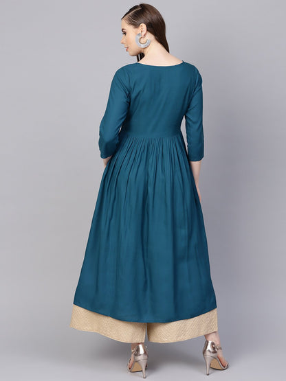 Rayon Teal Blue Embroidered Kurta With Round Neck & 3/4 Sleeves | LASVINI - Redefining Indian Fashion with Elegance
