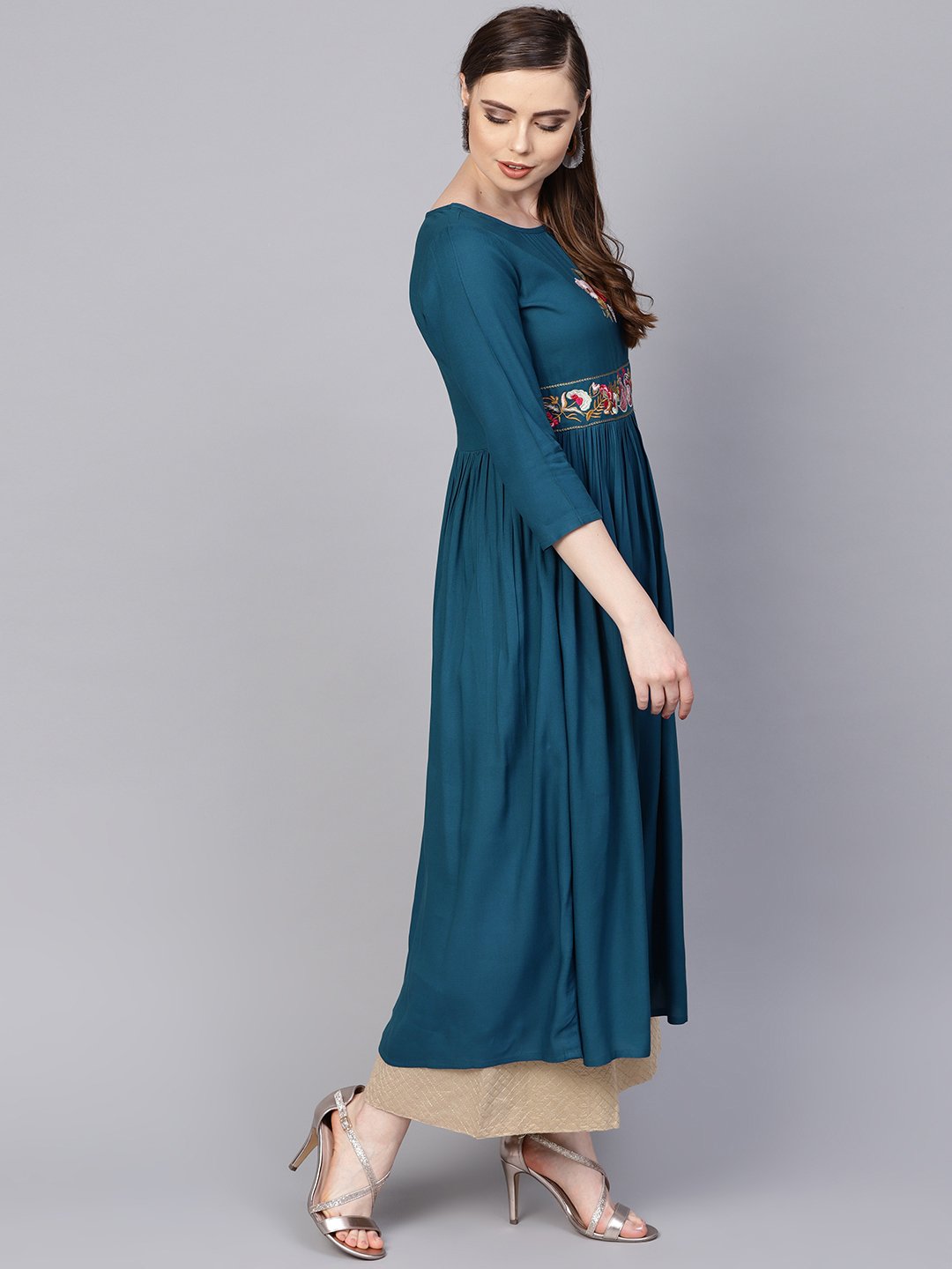 Rayon Teal Blue Embroidered Kurta With Round Neck & 3/4 Sleeves | LASVINI - Redefining Indian Fashion with Elegance