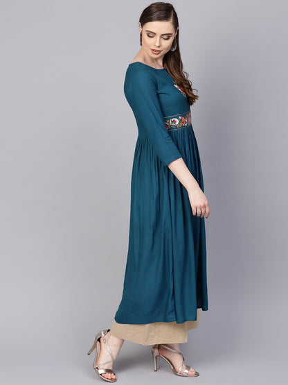 Rayon Teal Blue Embroidered Kurta With Round Neck & 3/4 Sleeves | LASVINI - Redefining Indian Fashion with Elegance