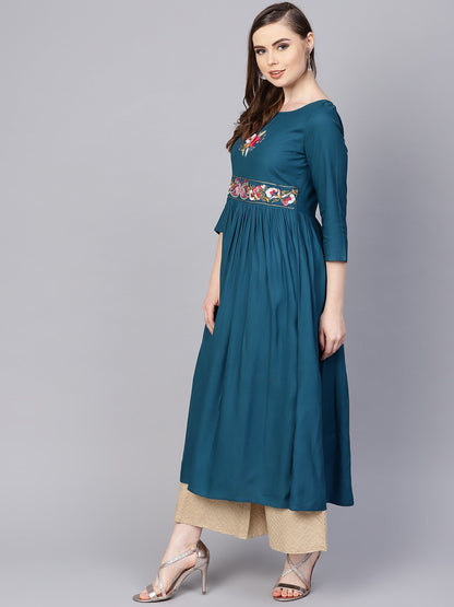 Rayon Teal Blue Embroidered Kurta With Round Neck & 3/4 Sleeves | LASVINI - Redefining Indian Fashion with Elegance