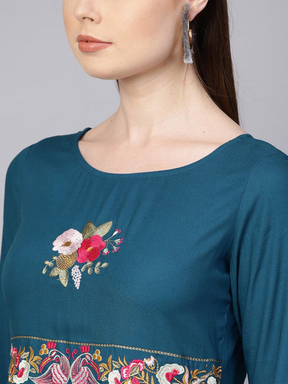 Rayon Teal Blue Embroidered Kurta With Round Neck & 3/4 Sleeves | LASVINI - Redefining Indian Fashion with Elegance