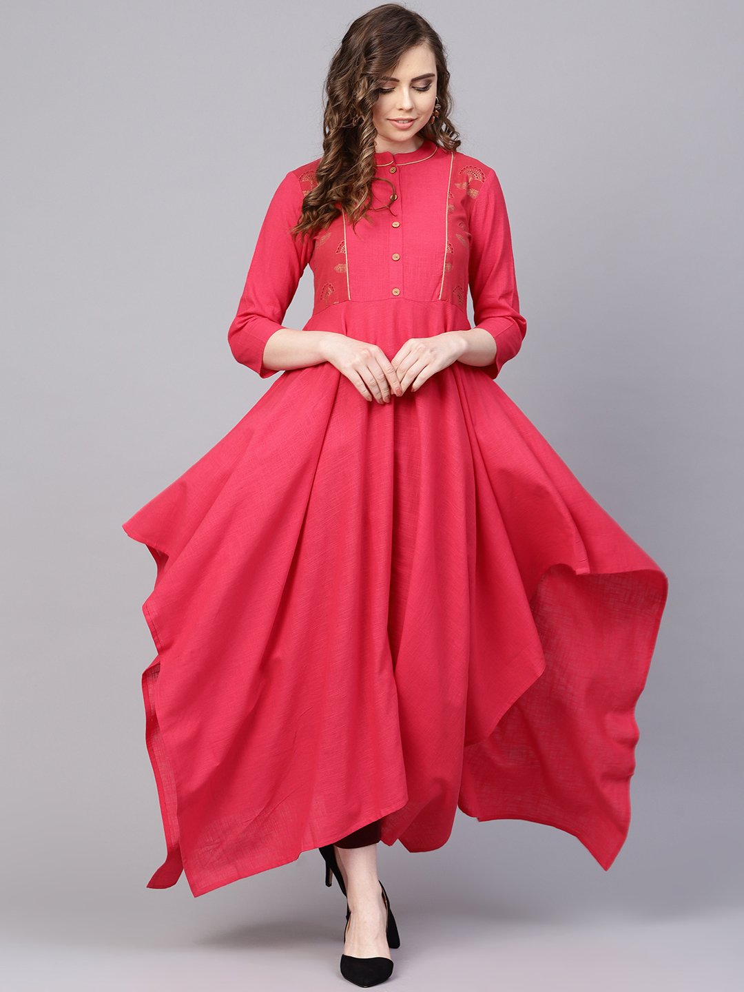 Cotton Fushia Pink Asyemmetric Kurta With Madarin Collar & 3/4 Sleeves | LASVINI - Redefining Indian Fashion with Elegance