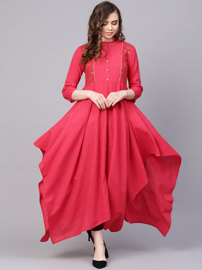 Cotton Fushia Pink Asyemmetric Kurta With Madarin Collar & 3/4 Sleeves | LASVINI - Redefining Indian Fashion with Elegance