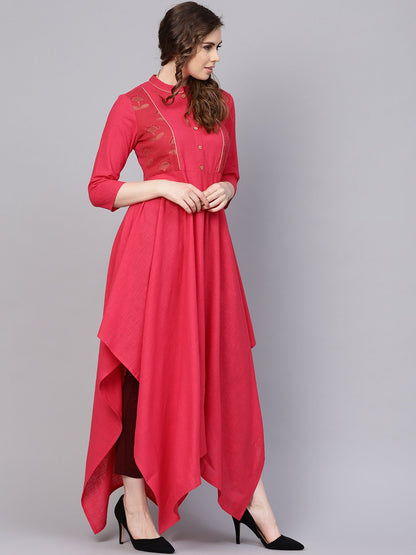 Cotton Fushia Pink Asyemmetric Kurta With Madarin Collar & 3/4 Sleeves | LASVINI - Redefining Indian Fashion with Elegance