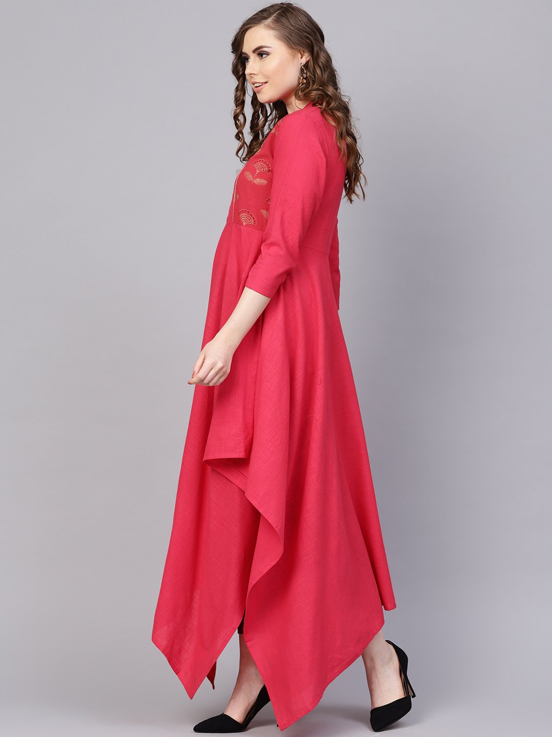 Cotton Fushia Pink Asyemmetric Kurta With Madarin Collar & 3/4 Sleeves | LASVINI - Redefining Indian Fashion with Elegance
