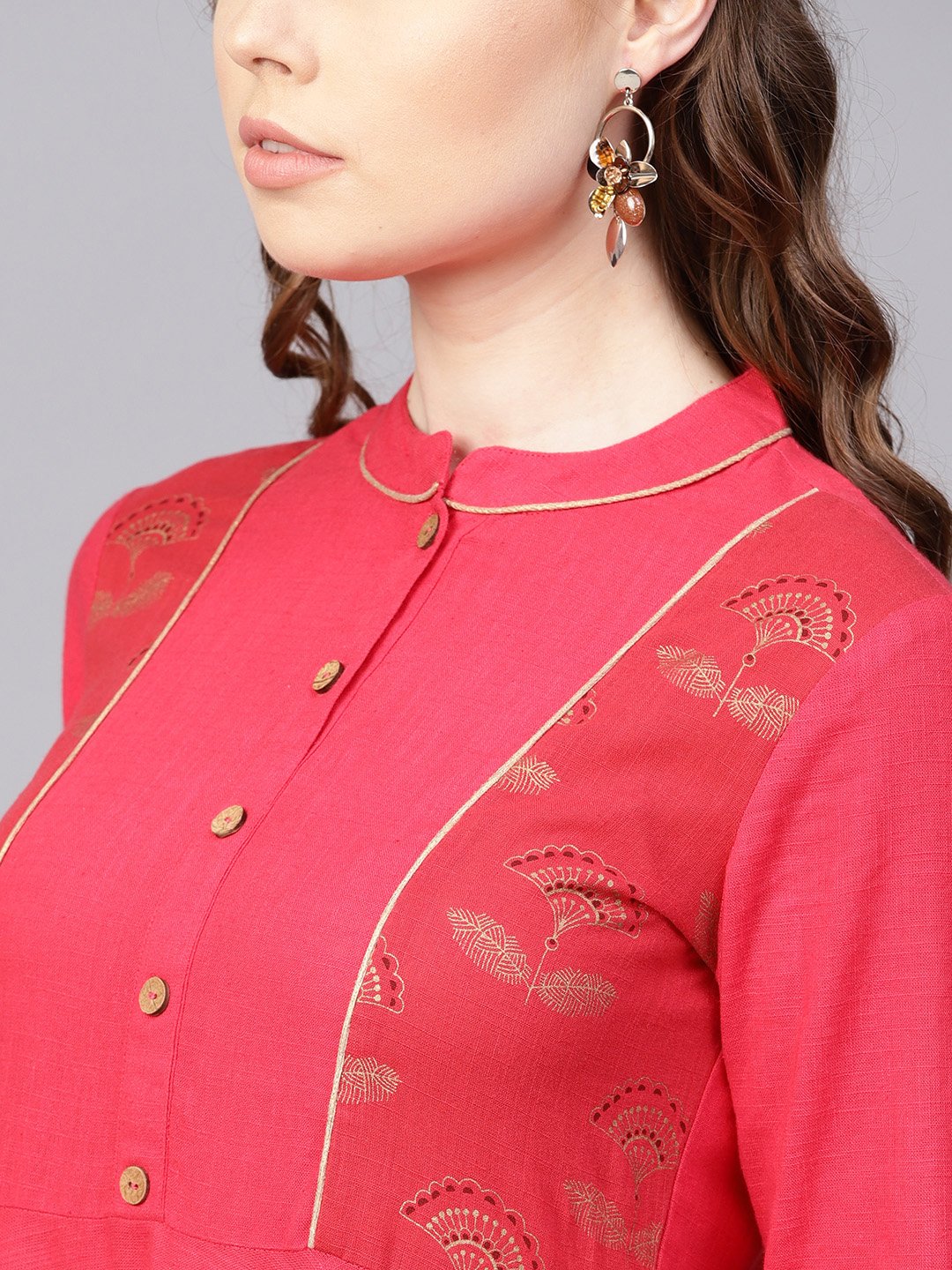 Cotton Fushia Pink Asyemmetric Kurta With Madarin Collar & 3/4 Sleeves | LASVINI - Redefining Indian Fashion with Elegance