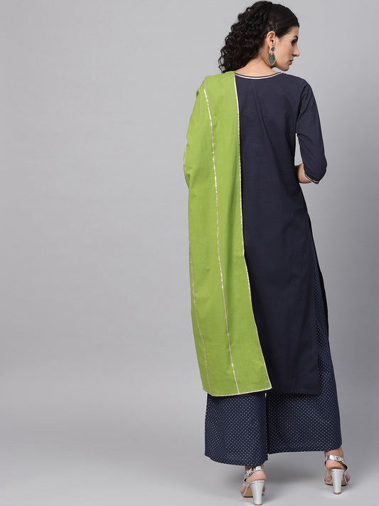 Navy Blue Kurta Set With Printed Palazzo & Contrasting Green Dupatta Emblished With Gota | LASVINI - Redefining Indian Fashion with Elegance