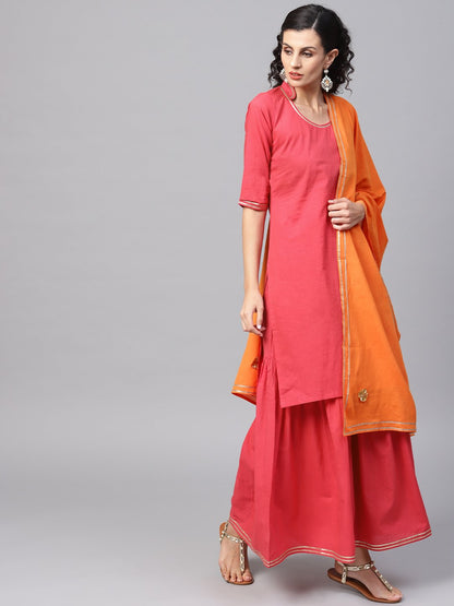 Solid Red Kurta Set With Sharara & Contrasting Dupatta | LASVINI - Redefining Indian Fashion with Elegance
