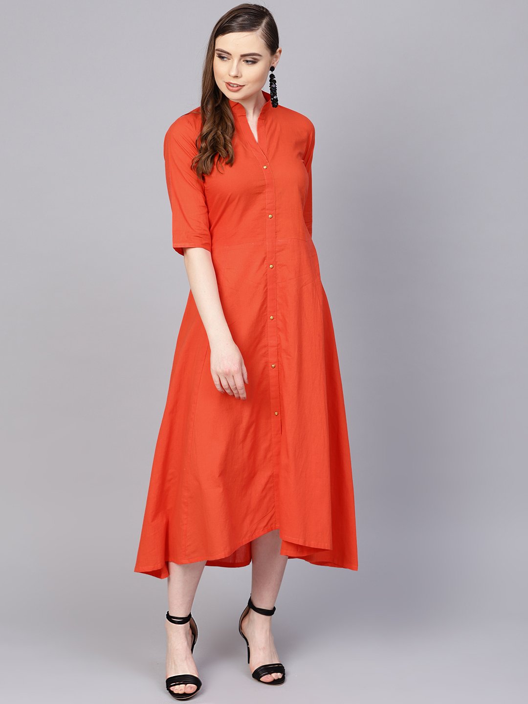 Solid Orange Maxi Dress With Madarin Collar & 3/4 Sleeves | LASVINI - Redefining Indian Fashion with Elegance