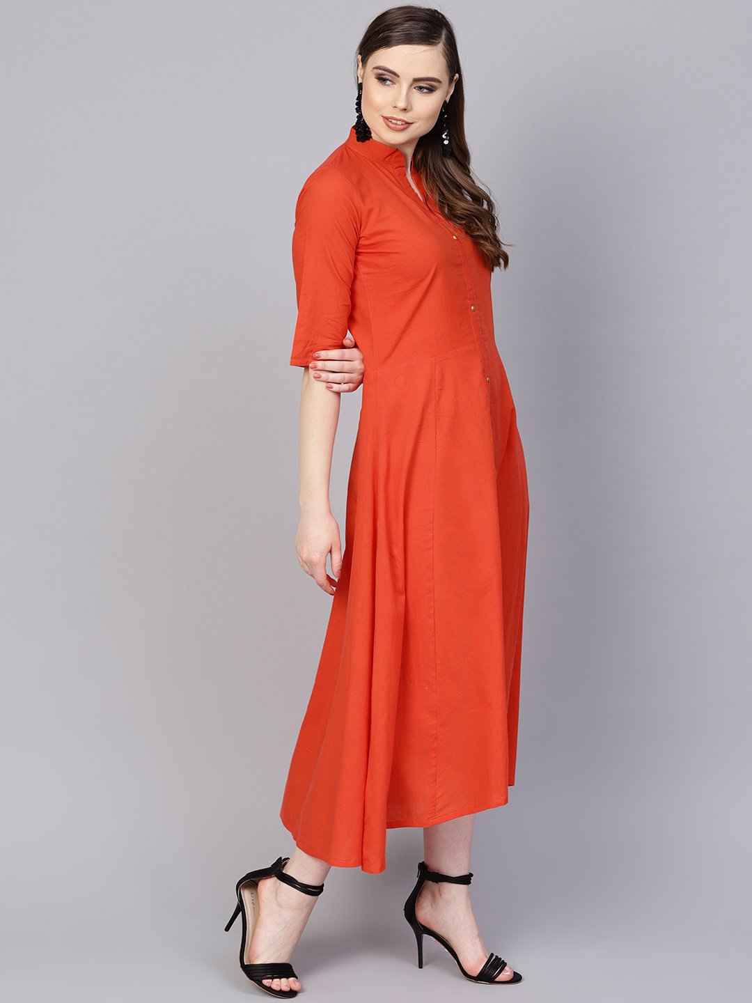 Solid Orange Maxi Dress With Madarin Collar & 3/4 Sleeves | LASVINI - Redefining Indian Fashion with Elegance