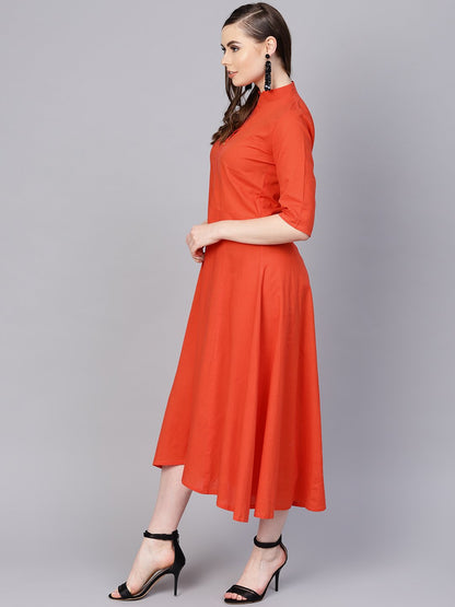 Solid Orange Maxi Dress With Madarin Collar & 3/4 Sleeves | LASVINI - Redefining Indian Fashion with Elegance