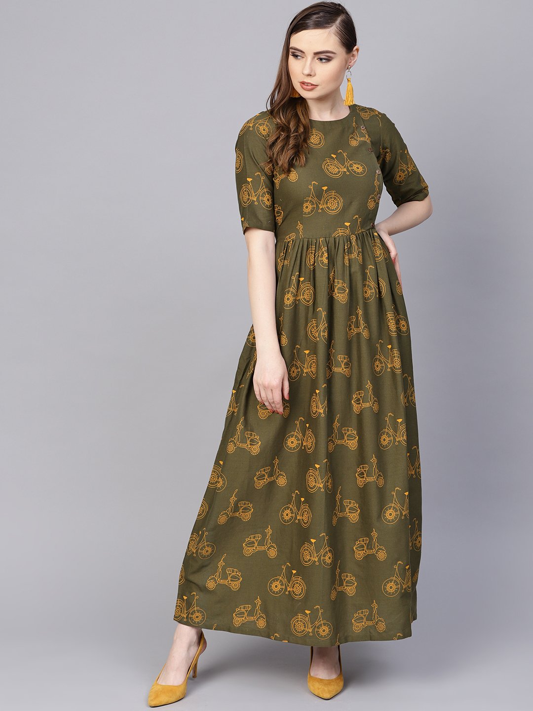 Military Green Printed Maxi Dress With Side Shoulder Placket With Half Sleeves | LASVINI - Redefining Indian Fashion with Elegance