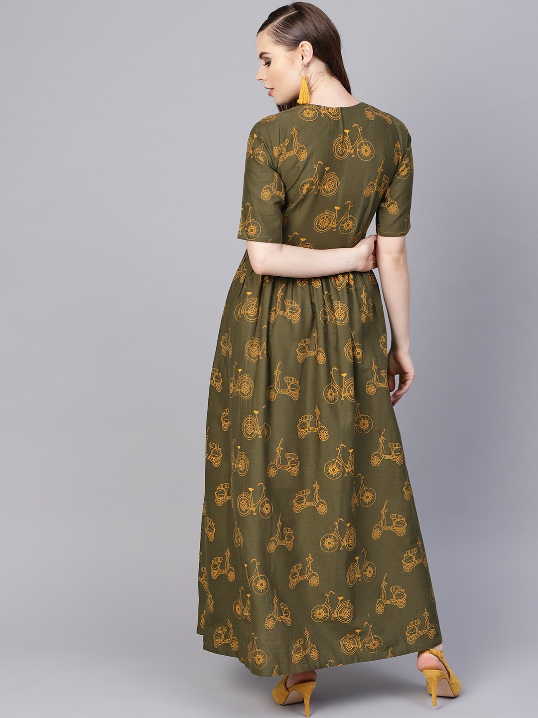 Military Green Printed Maxi Dress With Side Shoulder Placket With Half Sleeves | LASVINI - Redefining Indian Fashion with Elegance