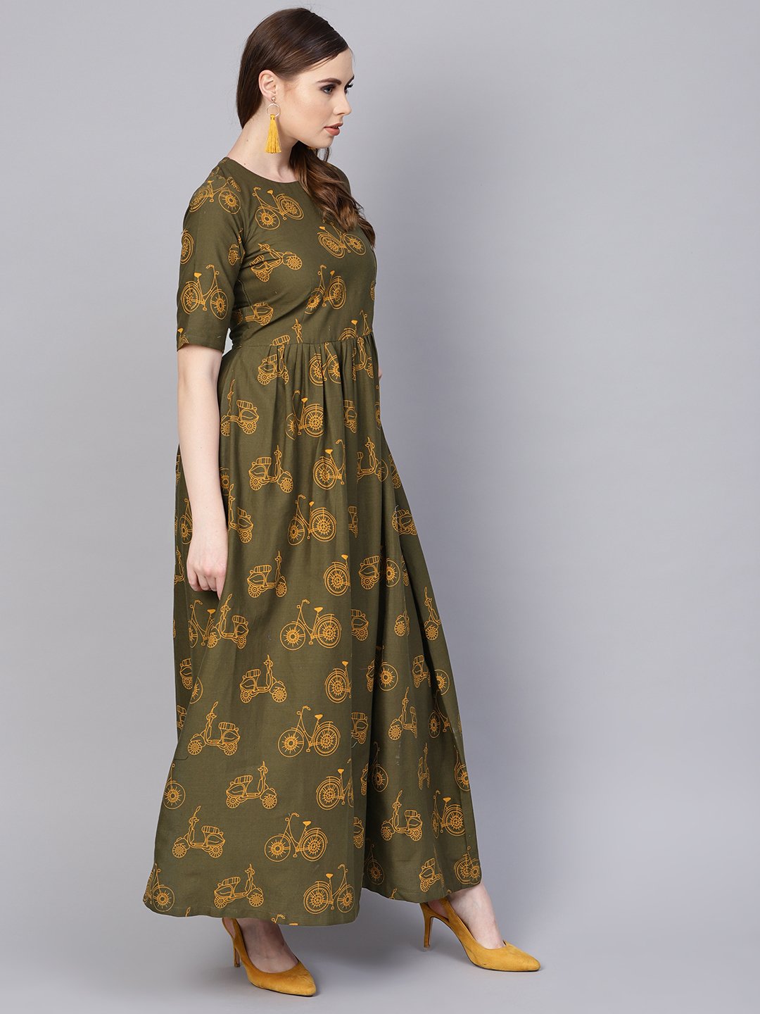 Military Green Printed Maxi Dress With Side Shoulder Placket With Half Sleeves | LASVINI - Redefining Indian Fashion with Elegance