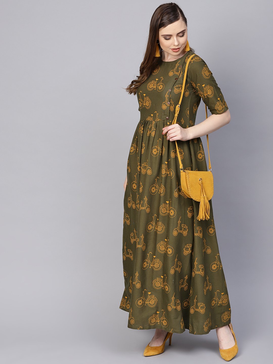 Military Green Printed Maxi Dress With Side Shoulder Placket With Half Sleeves | LASVINI - Redefining Indian Fashion with Elegance