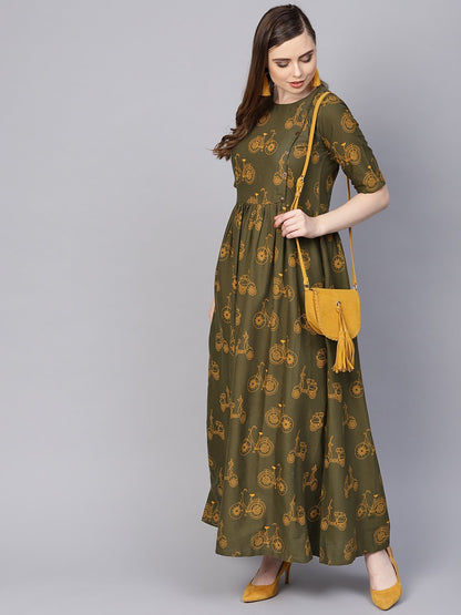 Military Green Printed Maxi Dress With Side Shoulder Placket With Half Sleeves | LASVINI - Redefining Indian Fashion with Elegance