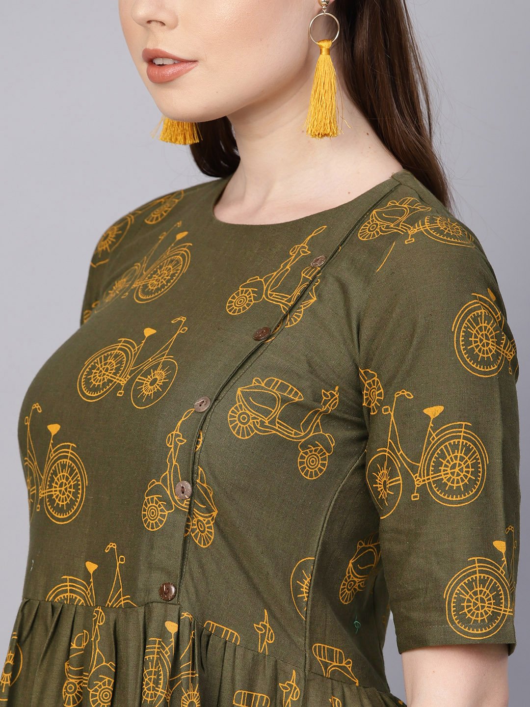 Military Green Printed Maxi Dress With Side Shoulder Placket With Half Sleeves | LASVINI - Redefining Indian Fashion with Elegance