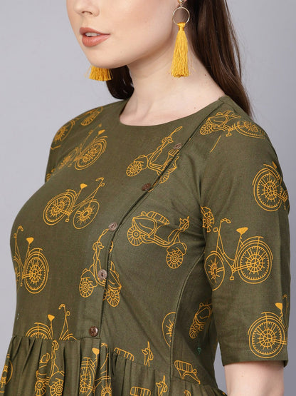 Military Green Printed Maxi Dress With Side Shoulder Placket With Half Sleeves | LASVINI - Redefining Indian Fashion with Elegance