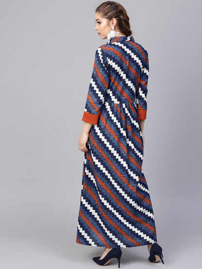 Indigo Blue Geometric Maxi Dress With Shirt Collar & 3/4 Sleeves | LASVINI - Redefining Indian Fashion with Elegance
