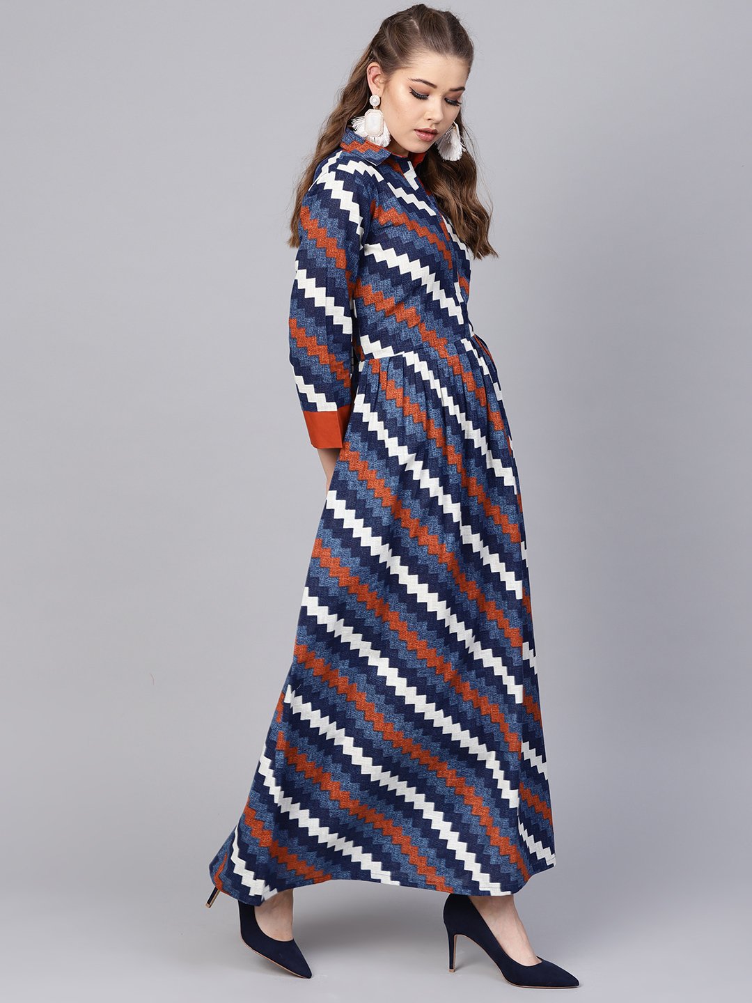 Indigo Blue Geometric Maxi Dress With Shirt Collar & 3/4 Sleeves | LASVINI - Redefining Indian Fashion with Elegance