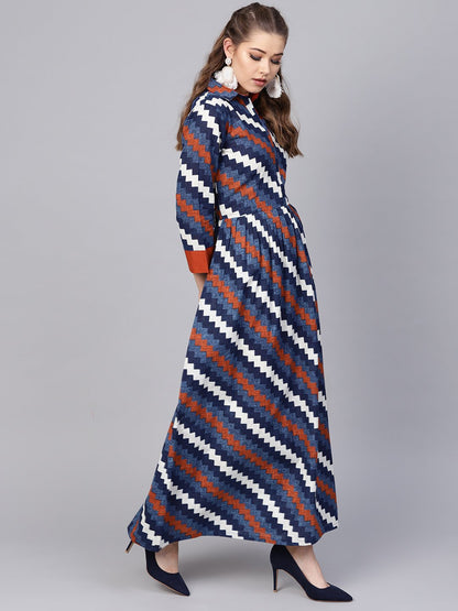 Indigo Blue Geometric Maxi Dress With Shirt Collar & 3/4 Sleeves | LASVINI - Redefining Indian Fashion with Elegance