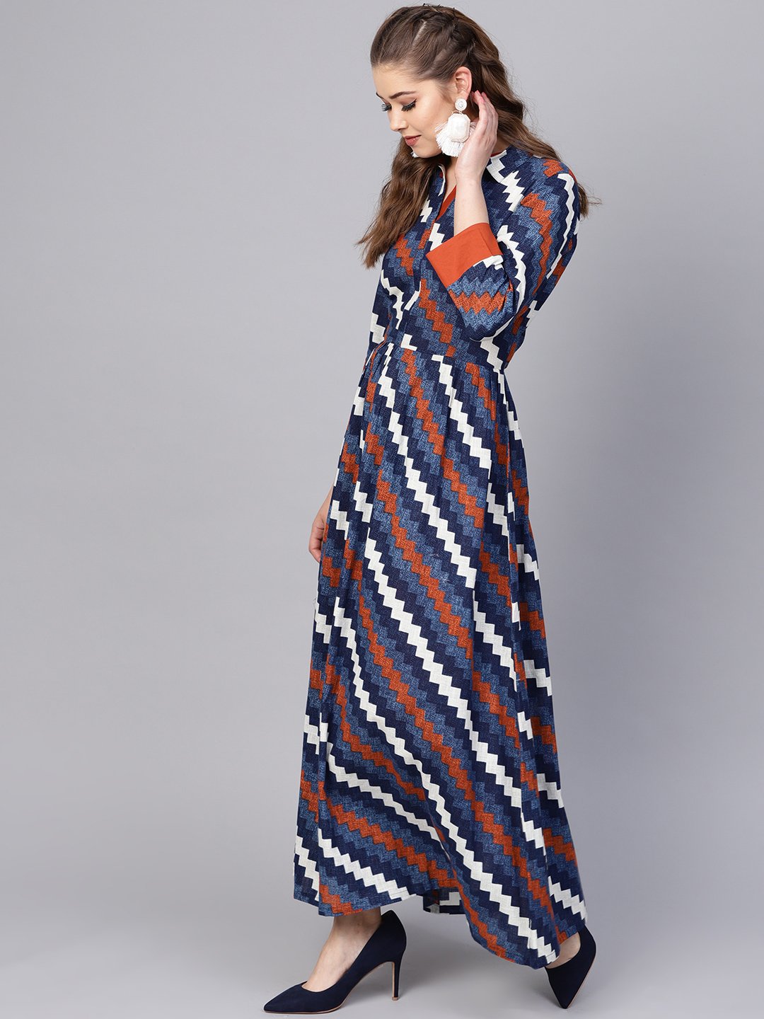 Indigo Blue Geometric Maxi Dress With Shirt Collar & 3/4 Sleeves | LASVINI - Redefining Indian Fashion with Elegance