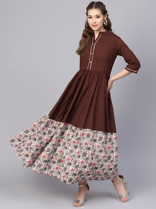 Dark Brown Maxi Dress  With Printed Border & Front Placket With Madarin Collar | LASVINI - Redefining Indian Fashion with Elegance