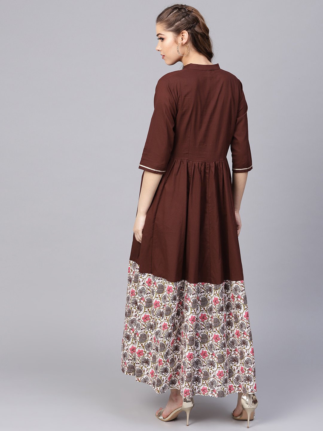 Dark Brown Maxi Dress  With Printed Border & Front Placket With Madarin Collar | LASVINI - Redefining Indian Fashion with Elegance