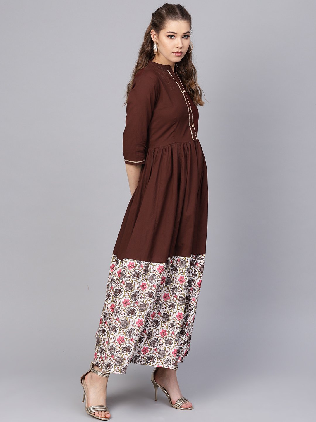 Dark Brown Maxi Dress  With Printed Border & Front Placket With Madarin Collar | LASVINI - Redefining Indian Fashion with Elegance