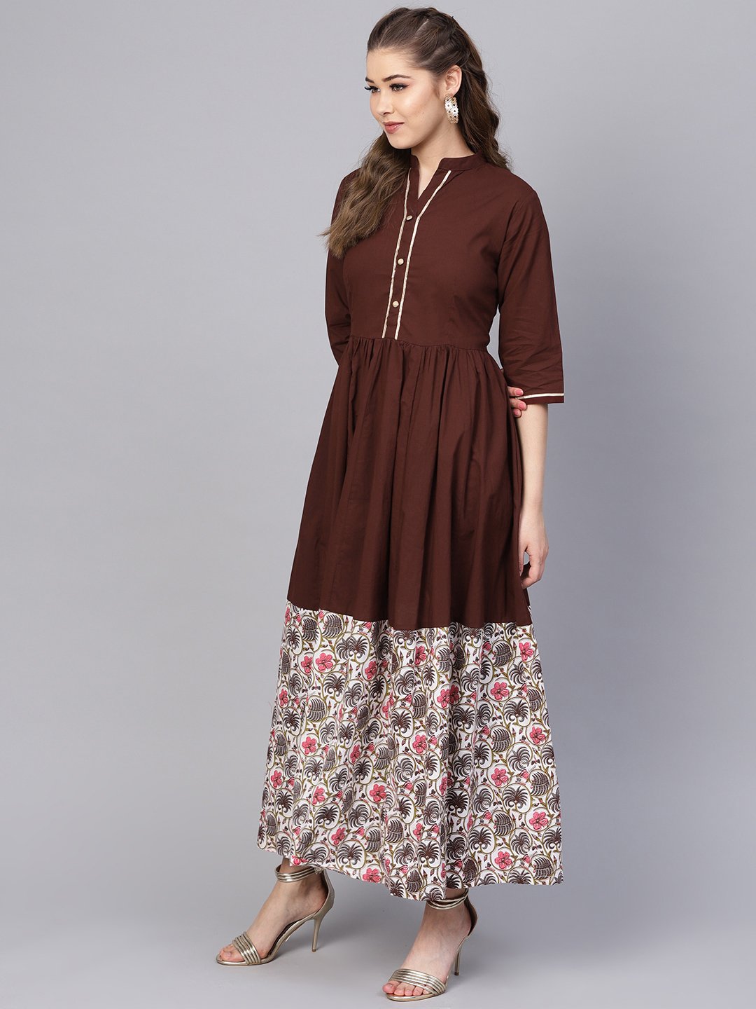 Dark Brown Maxi Dress  With Printed Border & Front Placket With Madarin Collar | LASVINI - Redefining Indian Fashion with Elegance