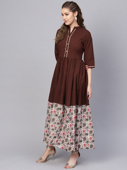 Dark Brown Maxi Dress  With Printed Border & Front Placket With Madarin Collar | LASVINI - Redefining Indian Fashion with Elegance