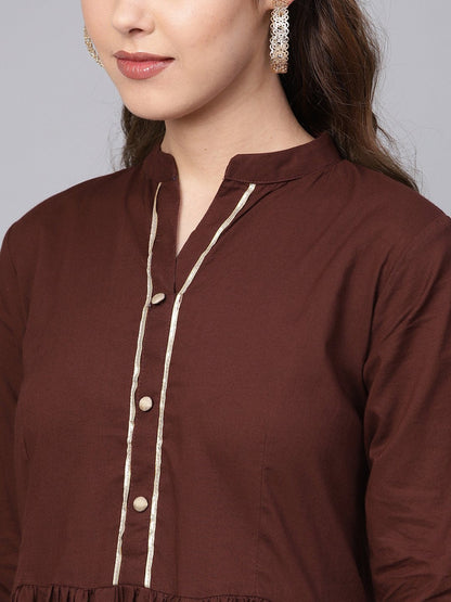 Dark Brown Maxi Dress  With Printed Border & Front Placket With Madarin Collar | LASVINI - Redefining Indian Fashion with Elegance