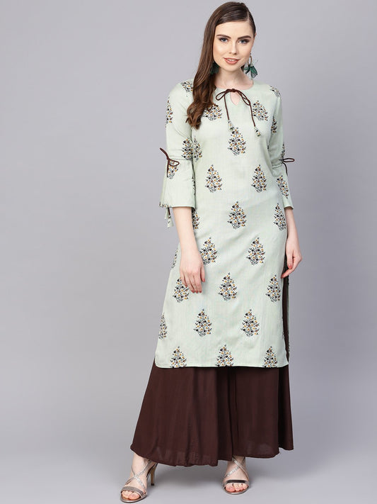 Pista Green Floral Printed Kurta With A Front Keyhole And Flared Sleeves | LASVINI - Redefining Indian Fashion with Elegance