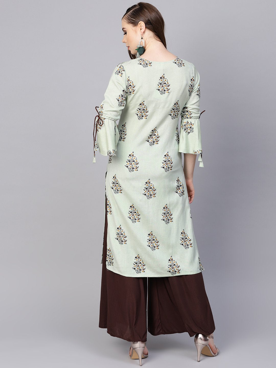 Pista Green Floral Printed Kurta With A Front Keyhole And Flared Sleeves | LASVINI - Redefining Indian Fashion with Elegance