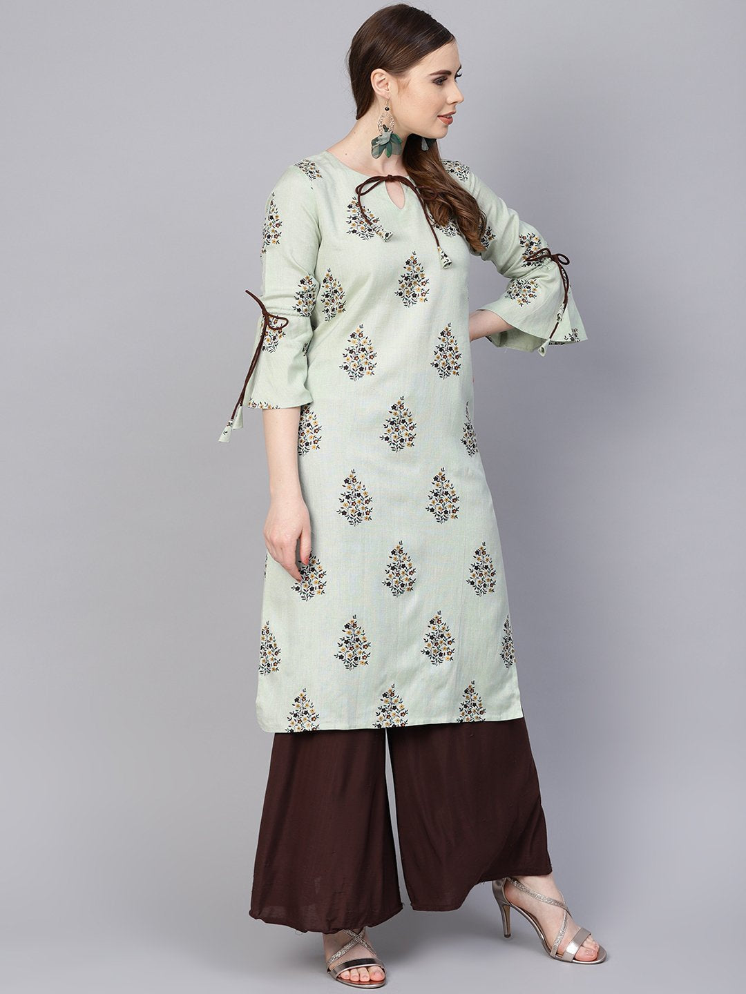 Pista Green Floral Printed Kurta With A Front Keyhole And Flared Sleeves | LASVINI - Redefining Indian Fashion with Elegance