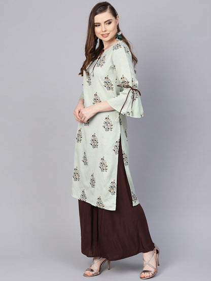 Pista Green Floral Printed Kurta With A Front Keyhole And Flared Sleeves | LASVINI - Redefining Indian Fashion with Elegance