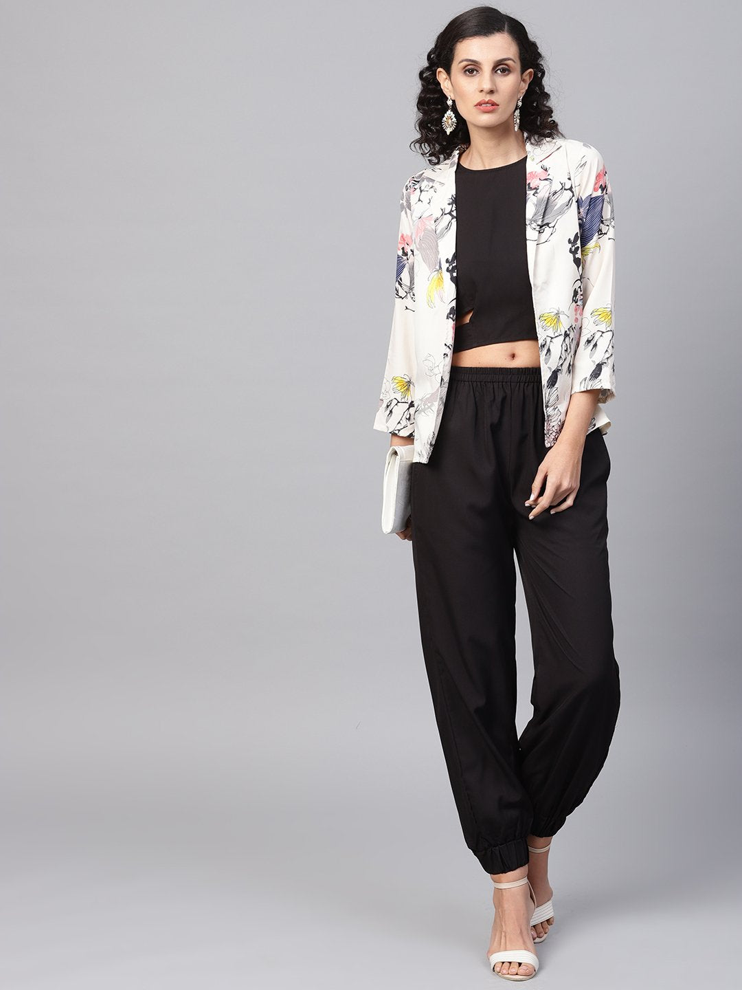 Solid Black Tops And Palazzo With Cream Floral Printed Jacket | LASVINI - Redefining Indian Fashion with Elegance