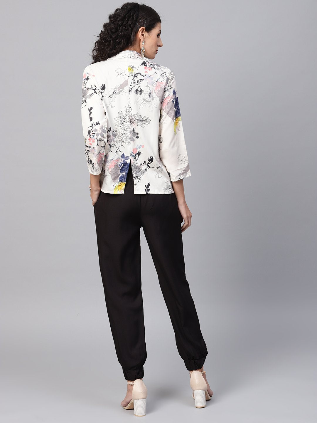 Solid Black Tops And Palazzo With Cream Floral Printed Jacket | LASVINI - Redefining Indian Fashion with Elegance