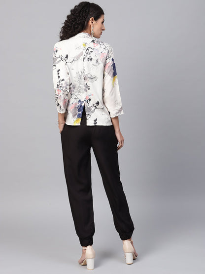 Solid Black Tops And Palazzo With Cream Floral Printed Jacket | LASVINI - Redefining Indian Fashion with Elegance