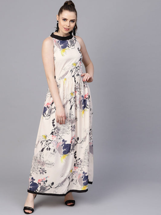 Cream Floral Sleeveless Printed Maxi Dress | LASVINI - Redefining Indian Fashion with Elegance