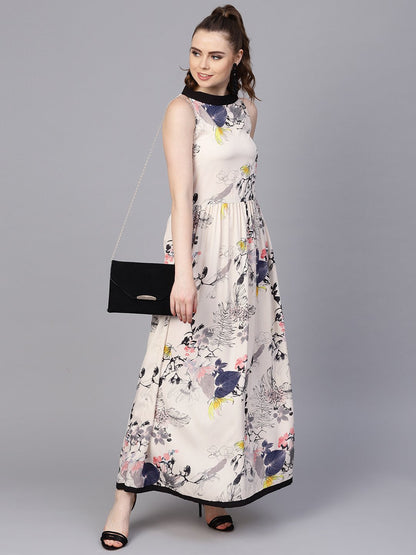 Cream Floral Sleeveless Printed Maxi Dress | LASVINI - Redefining Indian Fashion with Elegance