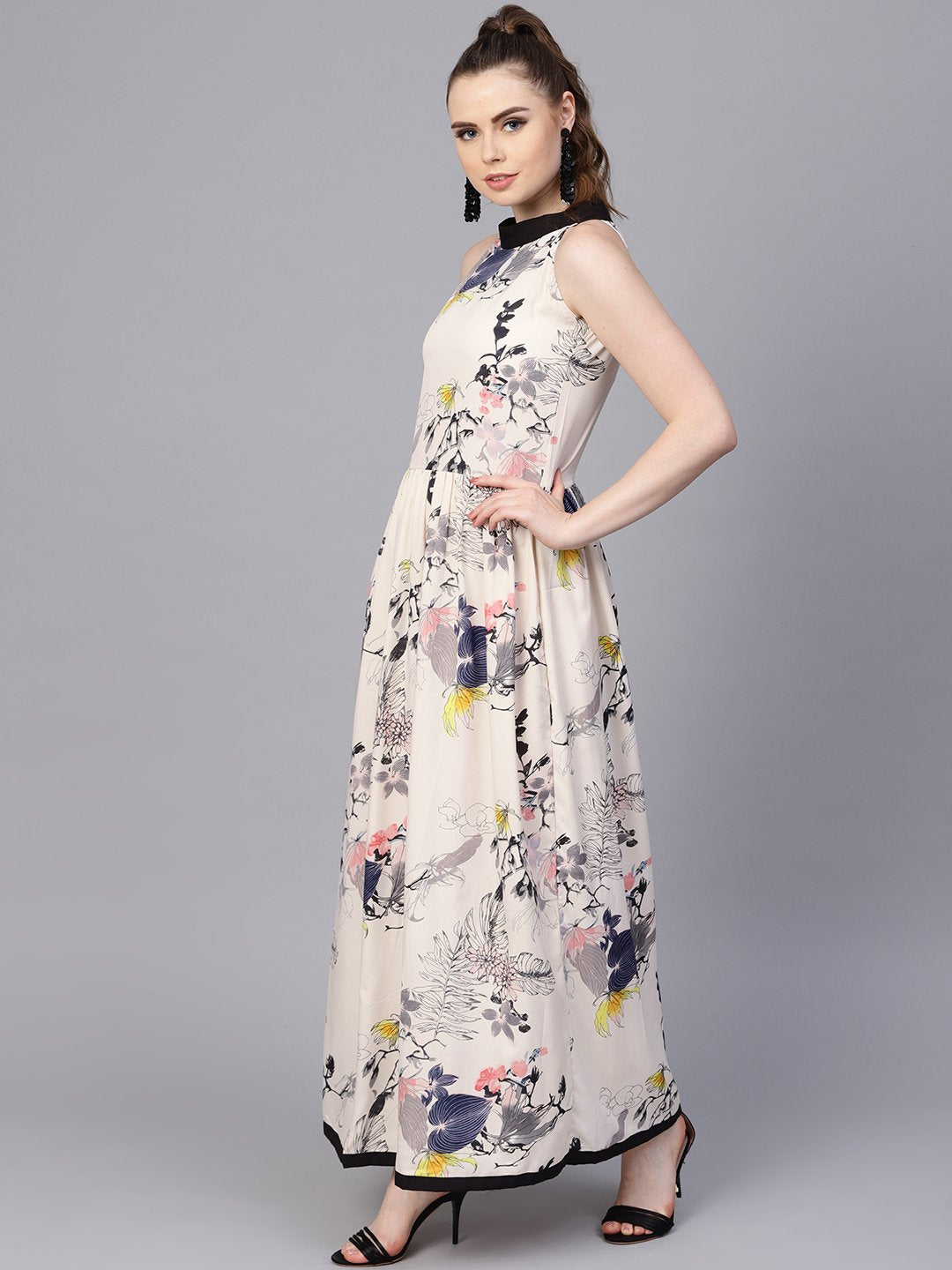Cream Floral Sleeveless Printed Maxi Dress | LASVINI - Redefining Indian Fashion with Elegance